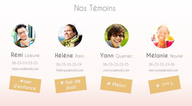 “Our wedding party” card: photos, names and contact details of Rémi, Hélène, Yann and Mélanie, each with a tag (#childhood friend, #law school, #Melun, #1ère L)