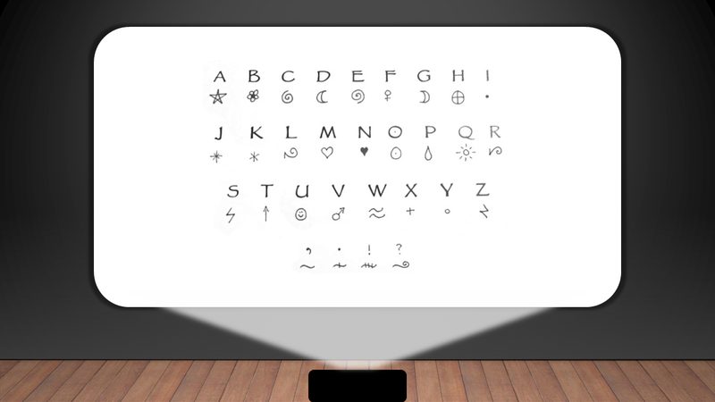 Secret alphabet projected on a screen, each letter from A to Z paired with a symbol (star, moon, heart, lightning bolt…)