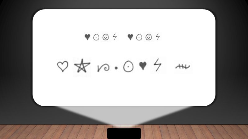 Coded message projected on a screen, a string of symbols from the secret alphabet to decipher