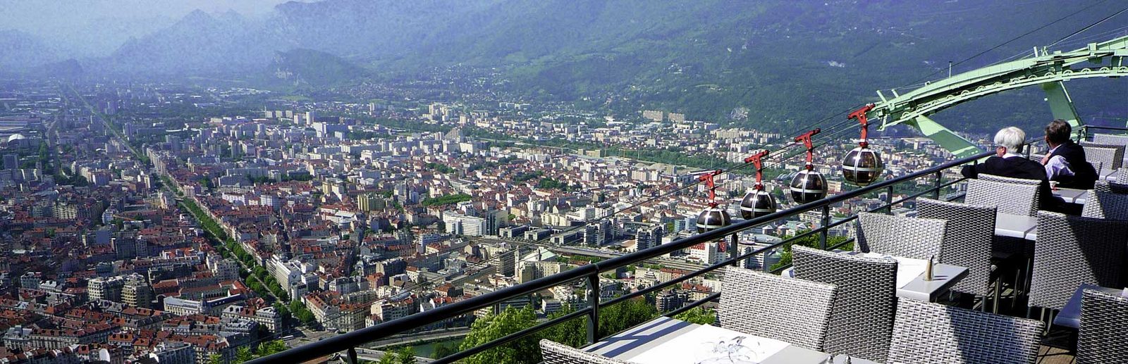 Panoramic terrace at the top of the Bastille, where the cable car’s bubbles set off, with Grenoble and the mountains below