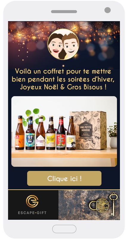 Reward screen “Here’s a gift box to keep you cozy on winter evenings, Merry Christmas & big hugs!” with a photo of a six-beer gift box and the “Click here!” button