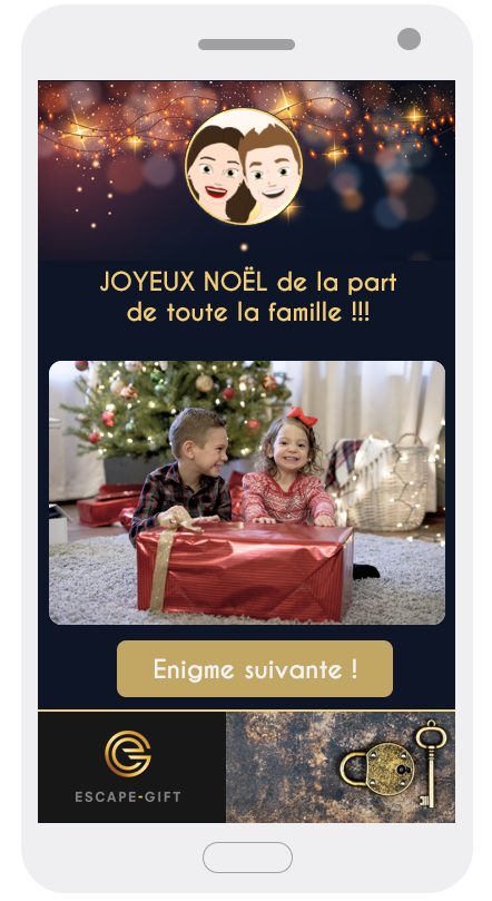 Game screen “Merry Christmas from the whole family!!!” with a photo of two children unwrapping a red present at the foot of the Christmas tree and the “Next riddle!” button