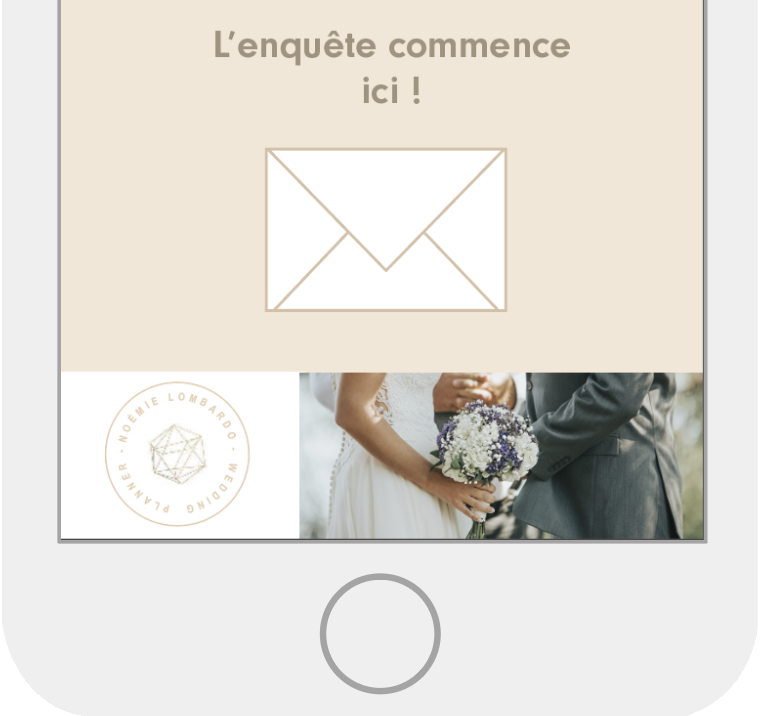 Bottom of a game screen: a wedding planner’s logo and the couple’s photo replace Escape-Gift’s