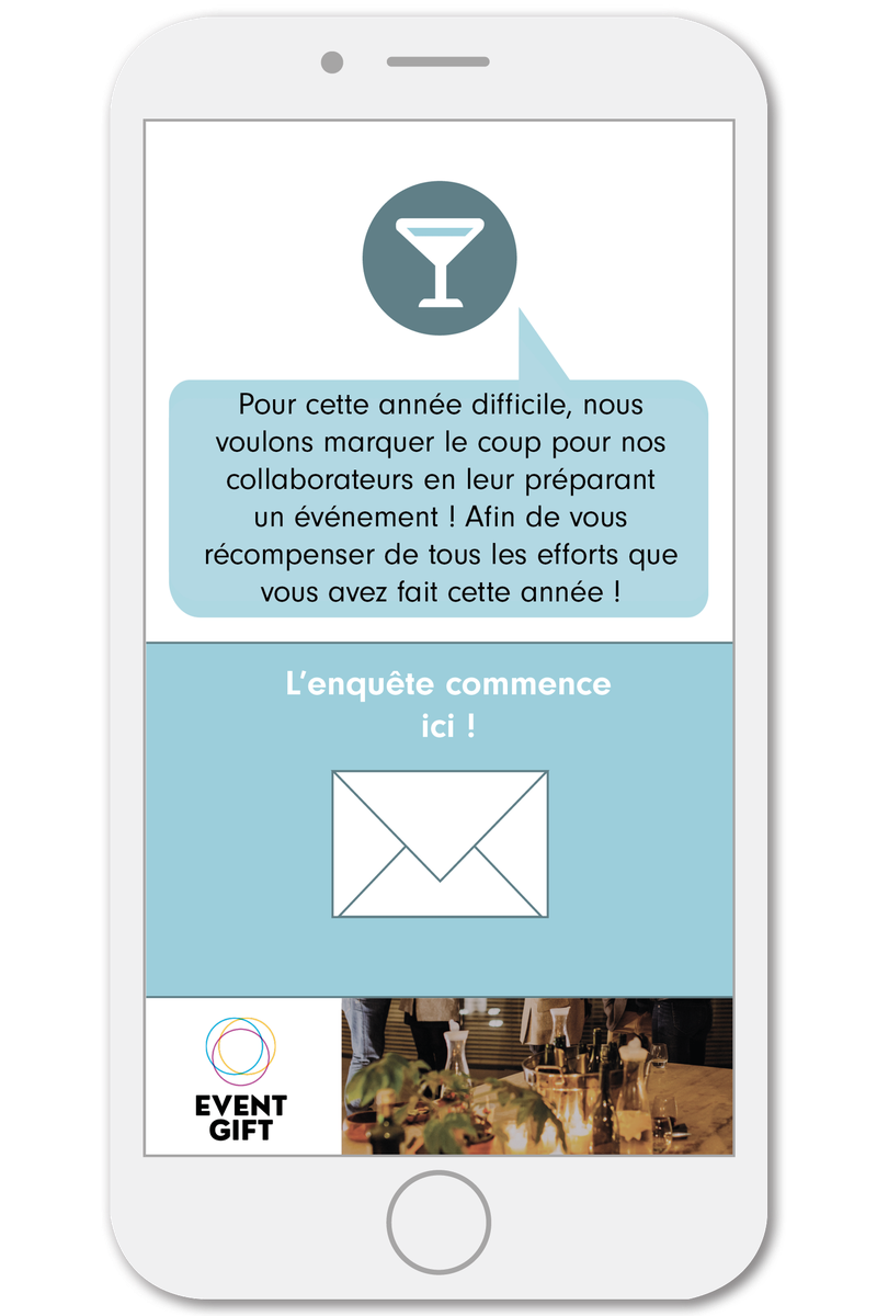 Phone screen of an “Event Gift” company game: a message announcing an event to the staff and an envelope reading “The investigation starts here!”