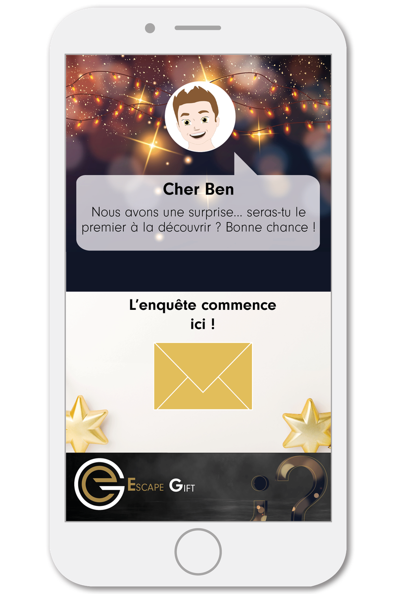 Phone showing the “Christmas lights” theme: golden garlands, the message “Dear Ben, we have a surprise…” and a golden envelope between two stars