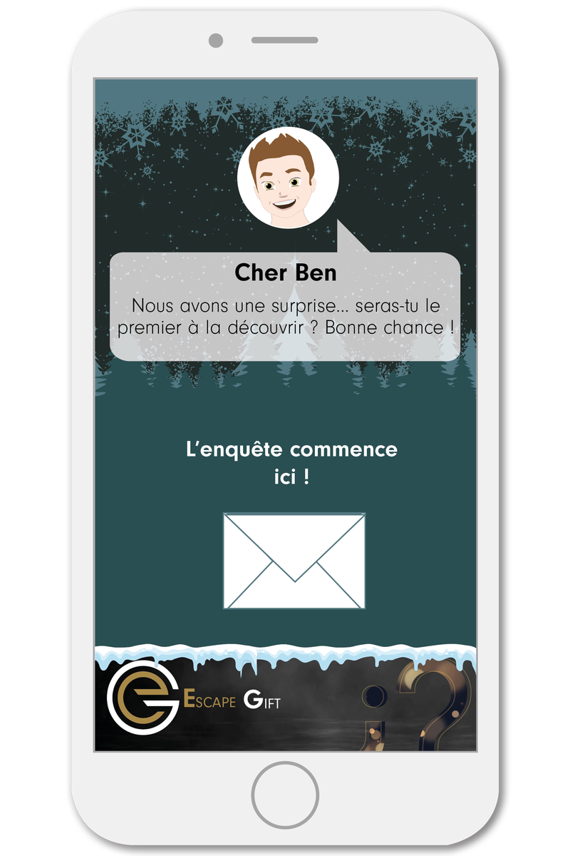 Phone showing the “Christmas in the forest” theme: snowy fir trees, the message “Dear Ben, we have a surprise…” and a white envelope