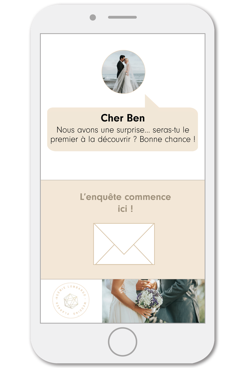Phone screen of a wedding game in a wedding planner’s colors: “Dear Ben, we have a surprise… will you be the first to discover it? Good luck!” and an envelope reading “The investigation starts here!”