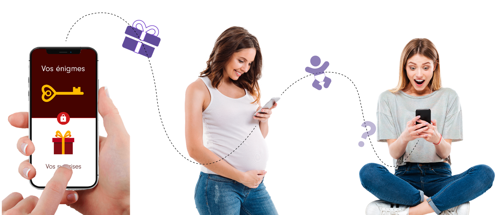 A phone showing “Your riddles” and “Your surprises”, a pregnant woman sending the game from her phone and a friend amazed by her screen