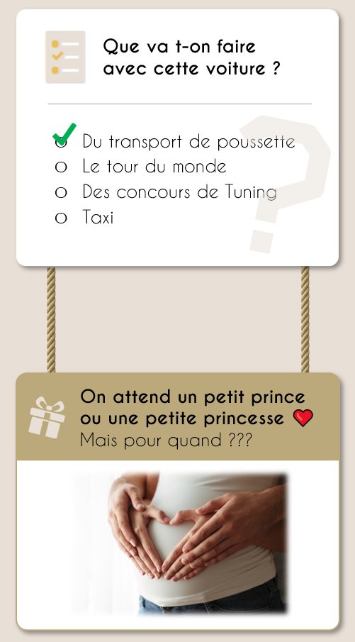 Riddle “What are we going to do with this car?” with “Carry a stroller” checked, then the reward “We’re expecting a little prince or princess, but when???” with a photo of hands forming a heart on a pregnant woman’s belly