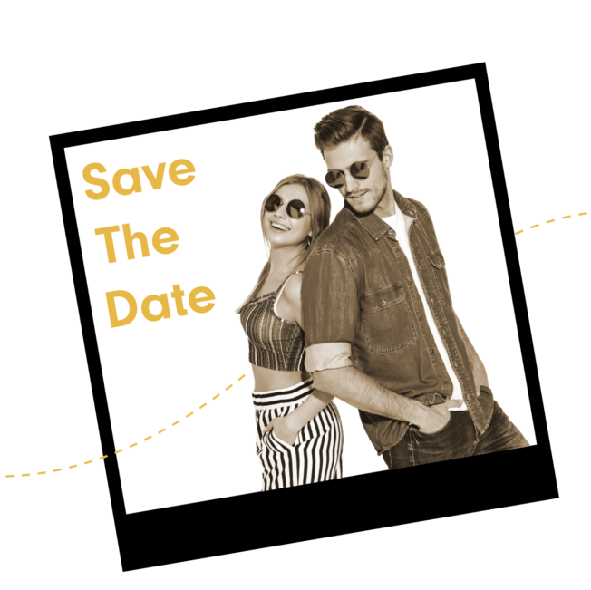 Sepia Polaroid photo of a couple in sunglasses, back to back, marked “Save The Date”