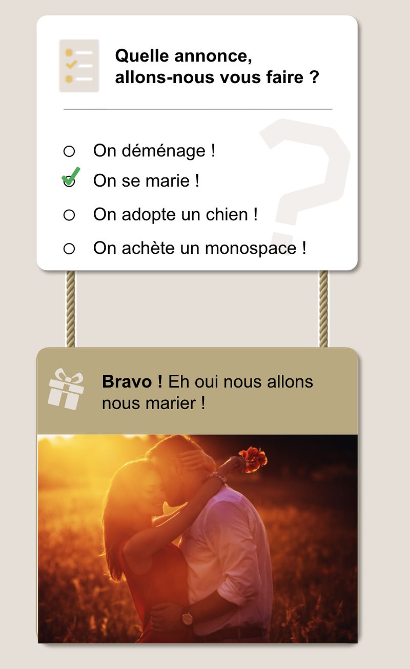 Game screen: the riddle “What announcement are we going to make?” solved with “We’re getting married!”, then “Well done! Yes, we’re getting married!” over a photo of a couple embracing at sunset