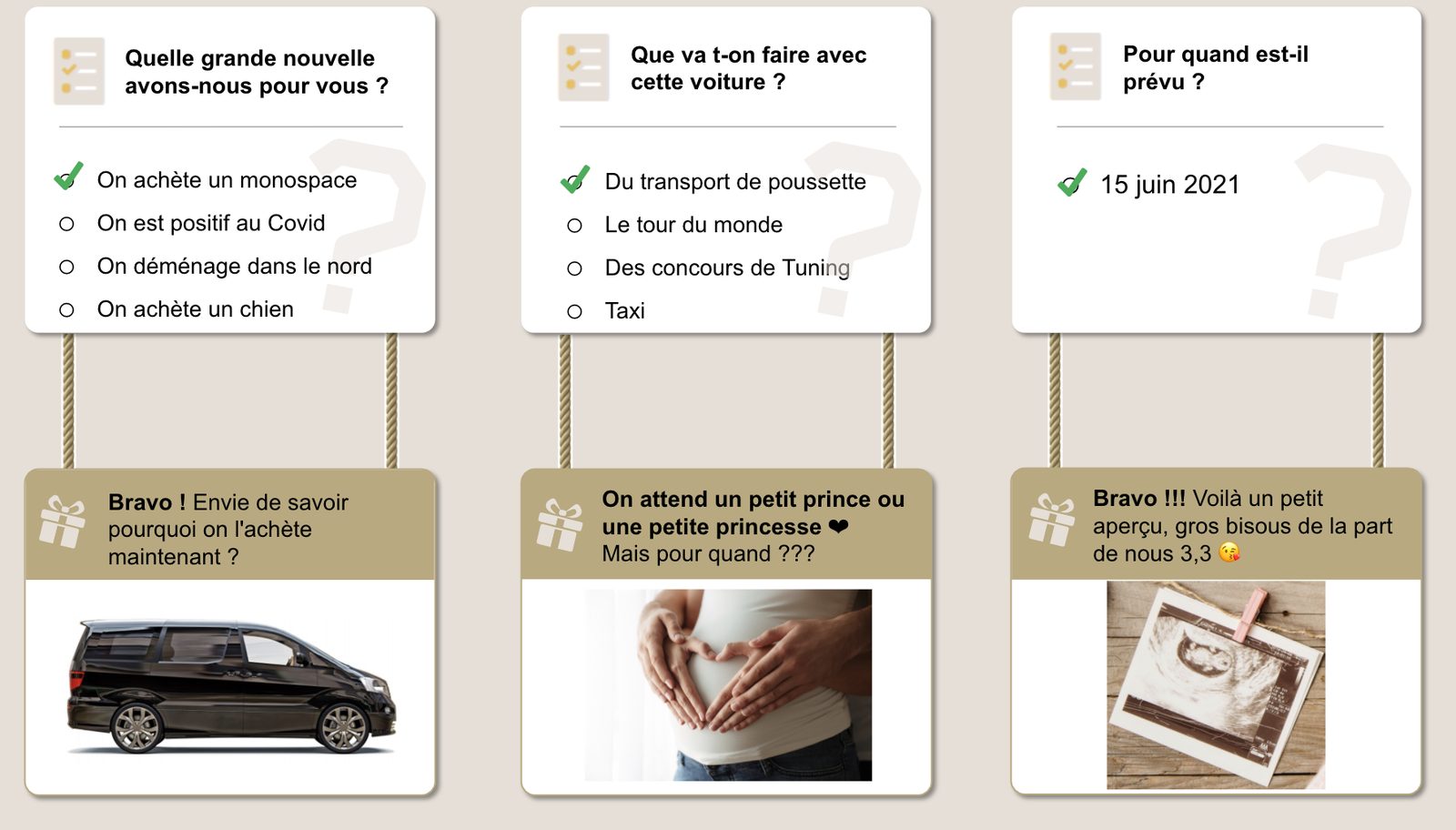 Three riddles from the game and their rewards: “What big news do we have for you?” (a minivan), “What are we going to do with this car?” (hands forming a heart on a rounded belly), “When is it due?” (an ultrasound and the date June 15, 2021)