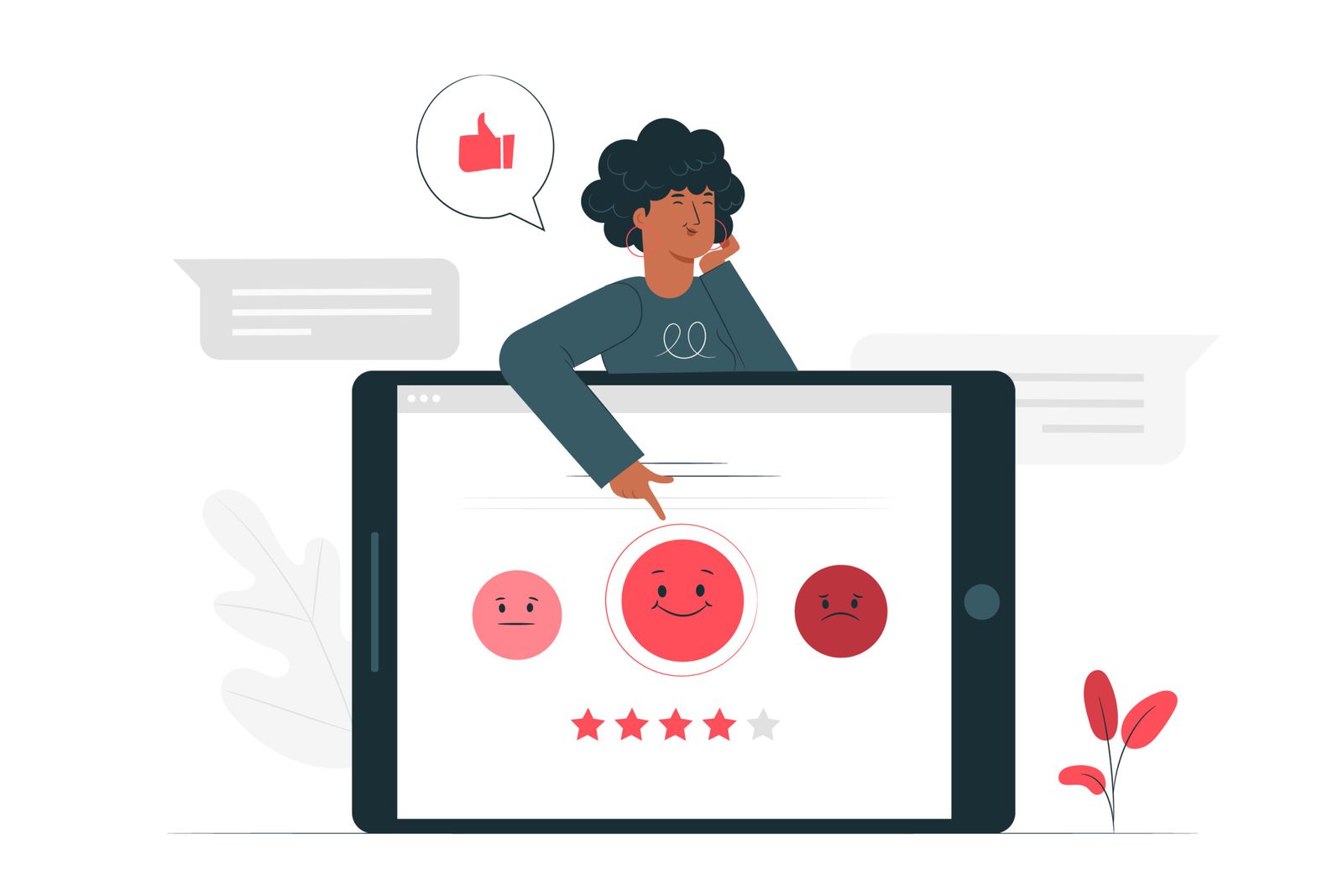 Illustration d’une femme qui donne son avis sur une tablette, entre smileys et étoiles