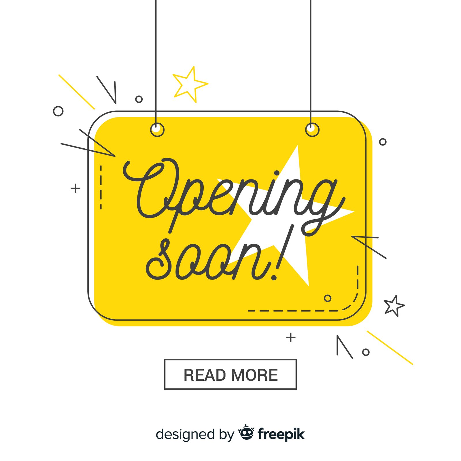 Panneau jaune suspendu « Opening soon! » entouré d’étoiles