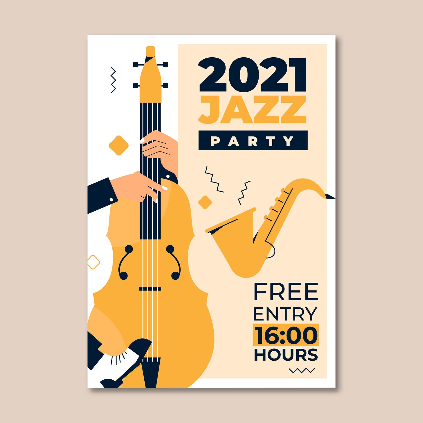 Affiche illustrée « 2021 Jazz Party » avec une contrebasse et un saxophone