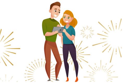Illustration of two delighted friends in front of a tablet, with fireworks in the background