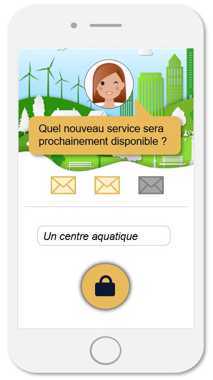 Écran de téléphone du jeu : la guide demande « Quel nouveau service sera prochainement disponible ? », réponse saisie « Un centre aquatique »