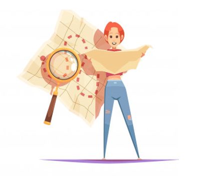 Illustration of a red-haired detective reading a treasure map, next to a large magnifying glass