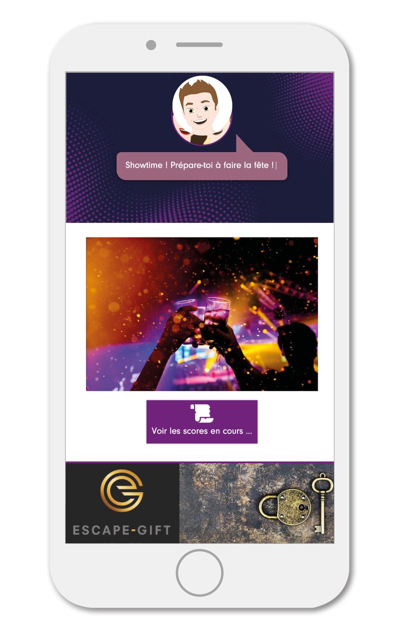 Game screen on a phone: “Showtime! Get ready to party!”, glasses raised in a nightclub and the “See current scores” button