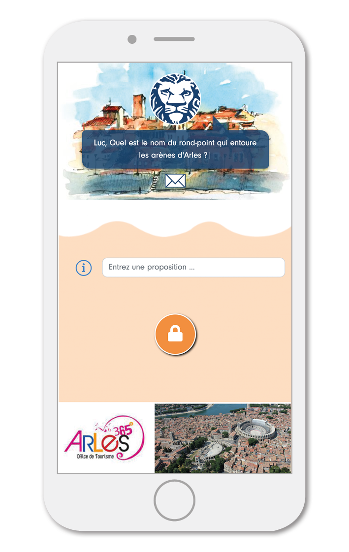 Phone screen of a game by the Arles tourist office: “Luc, what is the name of the roundabout around the Arles Amphitheatre?”, an answer field and a padlock