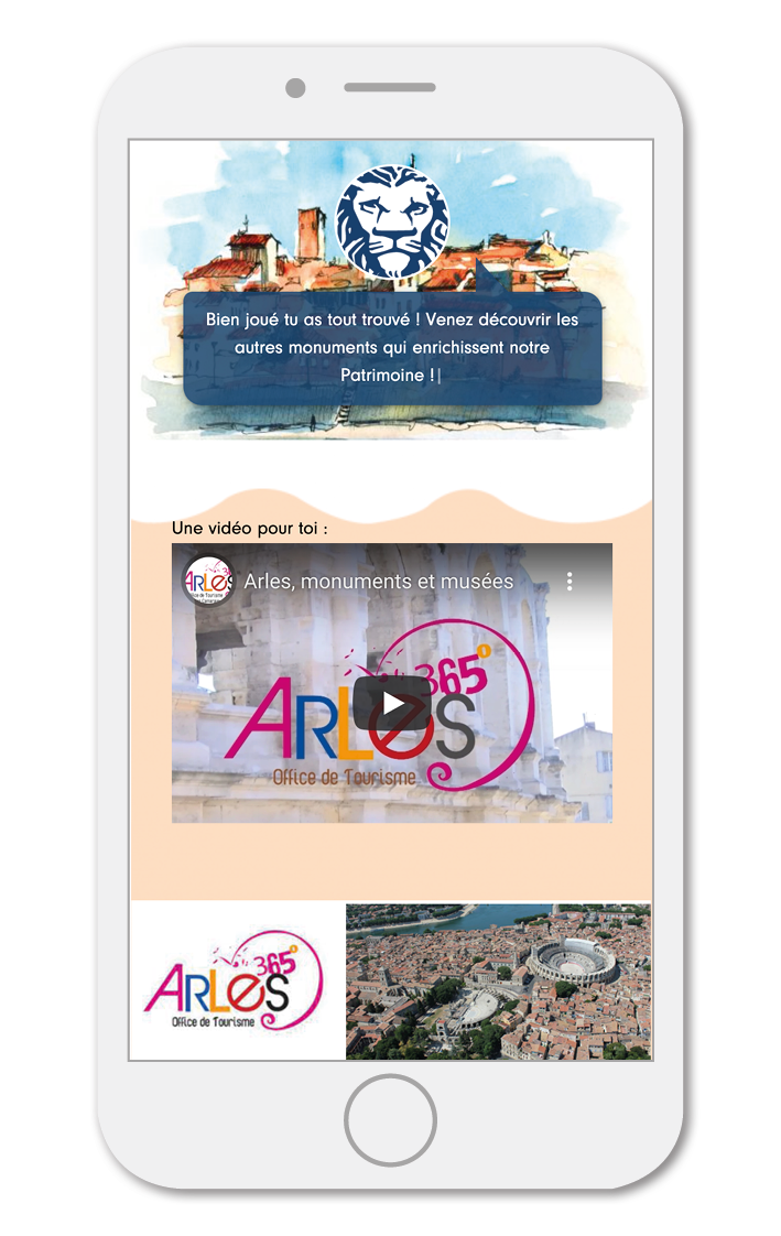 End screen of the Arles game: “Well done, you found everything!” and, as a reward, an “Arles, monuments and museums” video