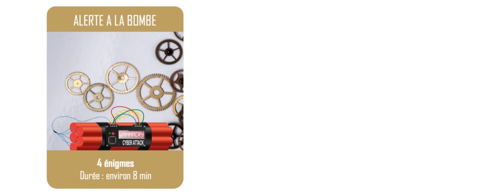 Card for the “Bomb alert” scenario: gears and a stick of dynamite wired to a timer, 4 riddles, about 8 min