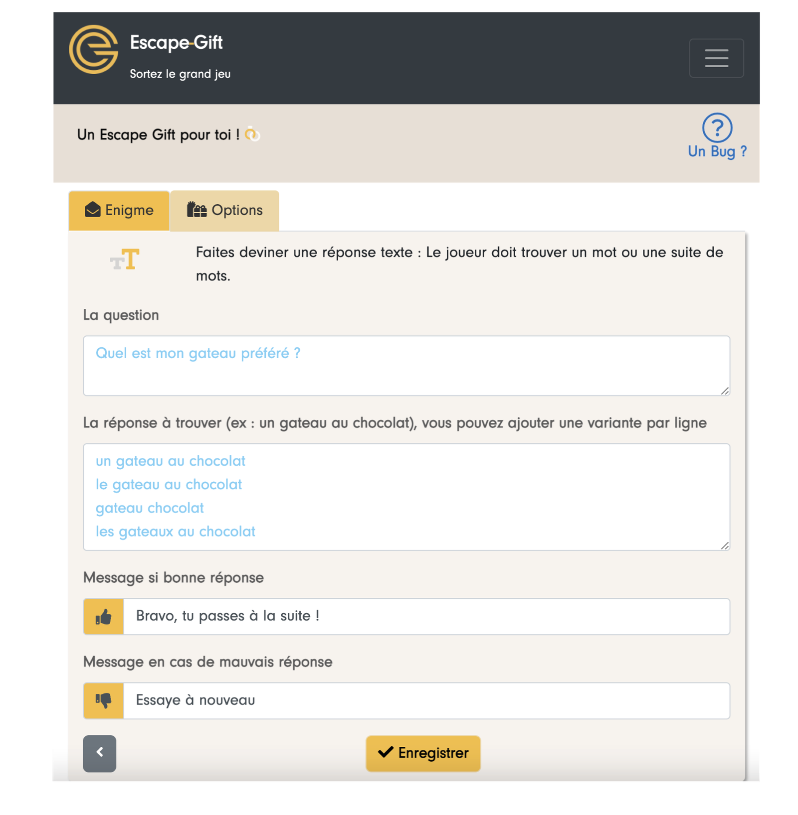Text riddle creation screen: the question, the accepted answers one per line, and the messages for right and wrong answers