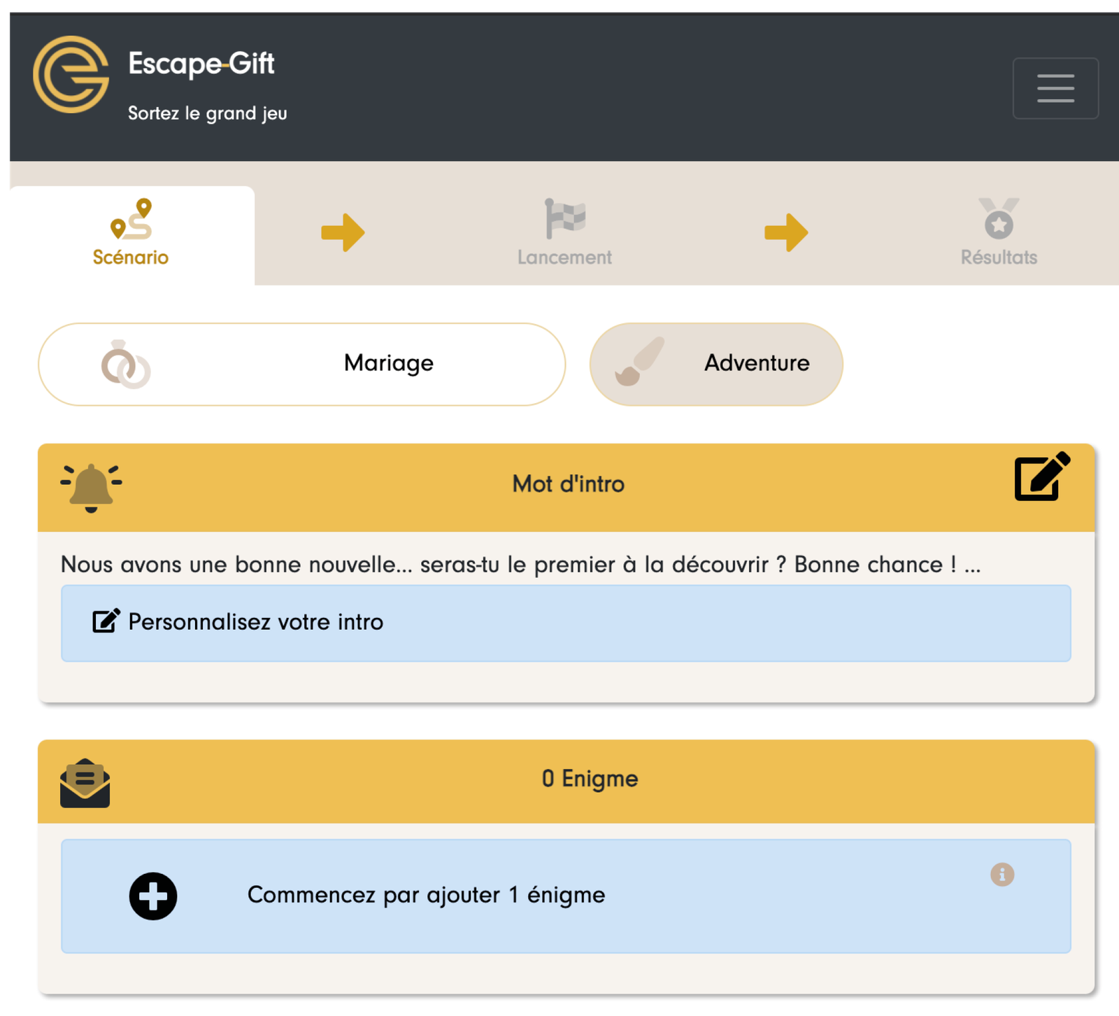 Blank Escape-Gift in the Scenario tab: intro message to personalize and a “Start by adding 1 riddle” button