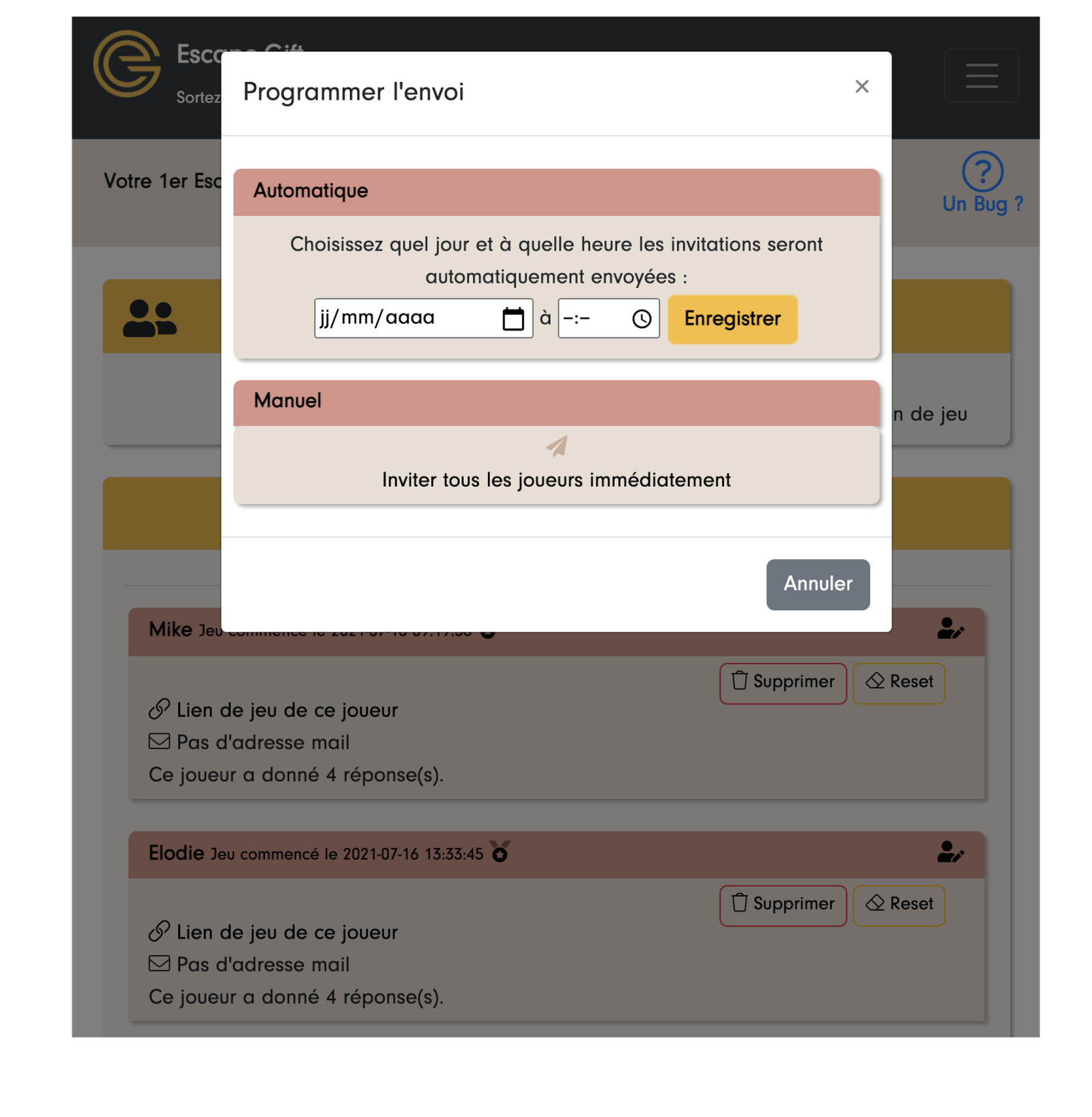 “Schedule sending” window: date and time of the automatic sending, or immediate invitation of all the players