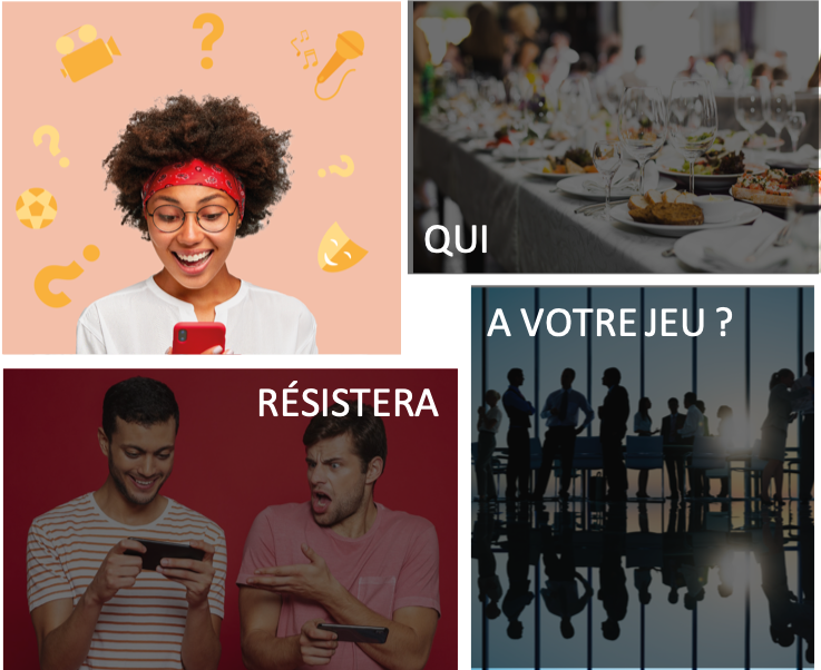 Four-photo collage around the slogan “Who can resist your game?”: a young woman looking at her phone in amazement, a set banquet table, two friends leaning over their phones, silhouettes in a meeting in front of a glass wall