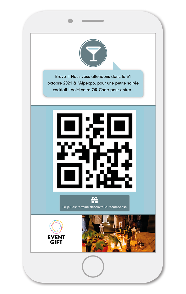 End screen of the “Event Gift” game: “Well done!! We look forward to seeing you on October 31, 2021 at Alpexpo for a little cocktail party!” and the entry QR code