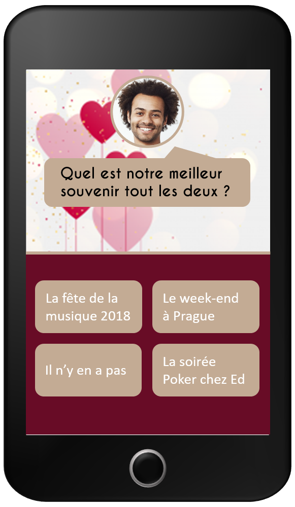 Game screen on a phone: “What’s our best memory together?” and four possible answers
