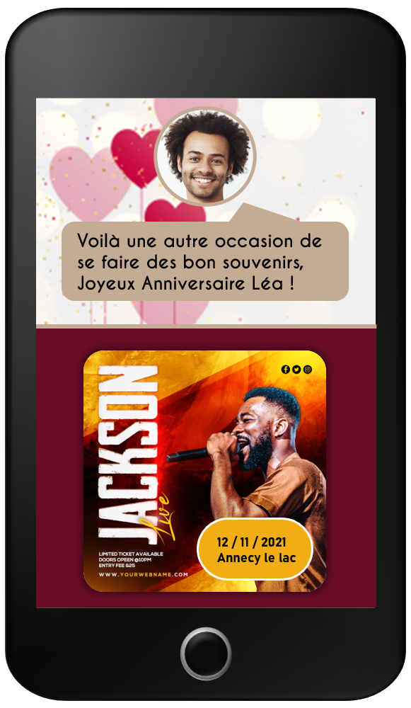 Game screen on a phone: “Happy birthday Léa!” and, as the gift, a concert poster