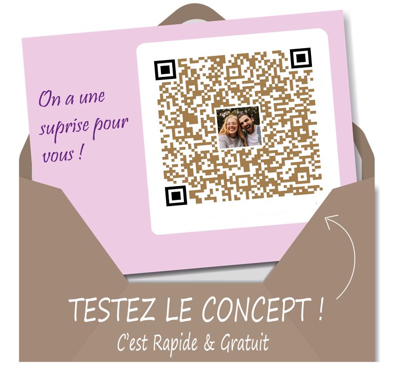 Try the concept, it’s quick and free: a “We have a surprise for you!” card slipped into an envelope, with a QR code and a photo of a couple