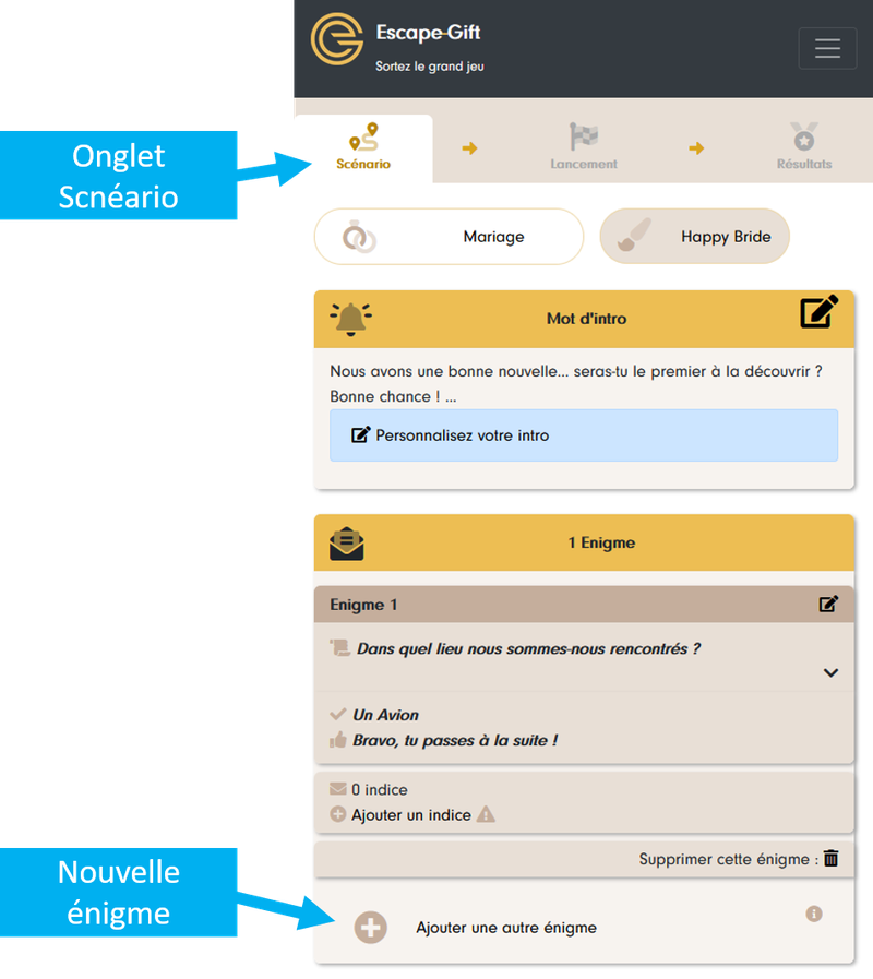 Annotated Scenario tab: the “Add another riddle” button below the first riddle