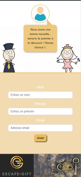 Self-registration page as seen by the player: last name, first name, email and a “Play” button