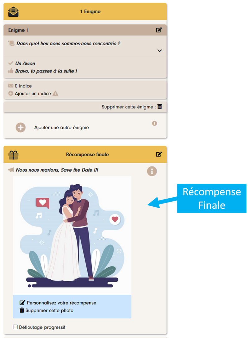 “Final reward” block below the first riddle: the message “We’re getting married, Save the Date!!!” and an illustration of a bride and groom