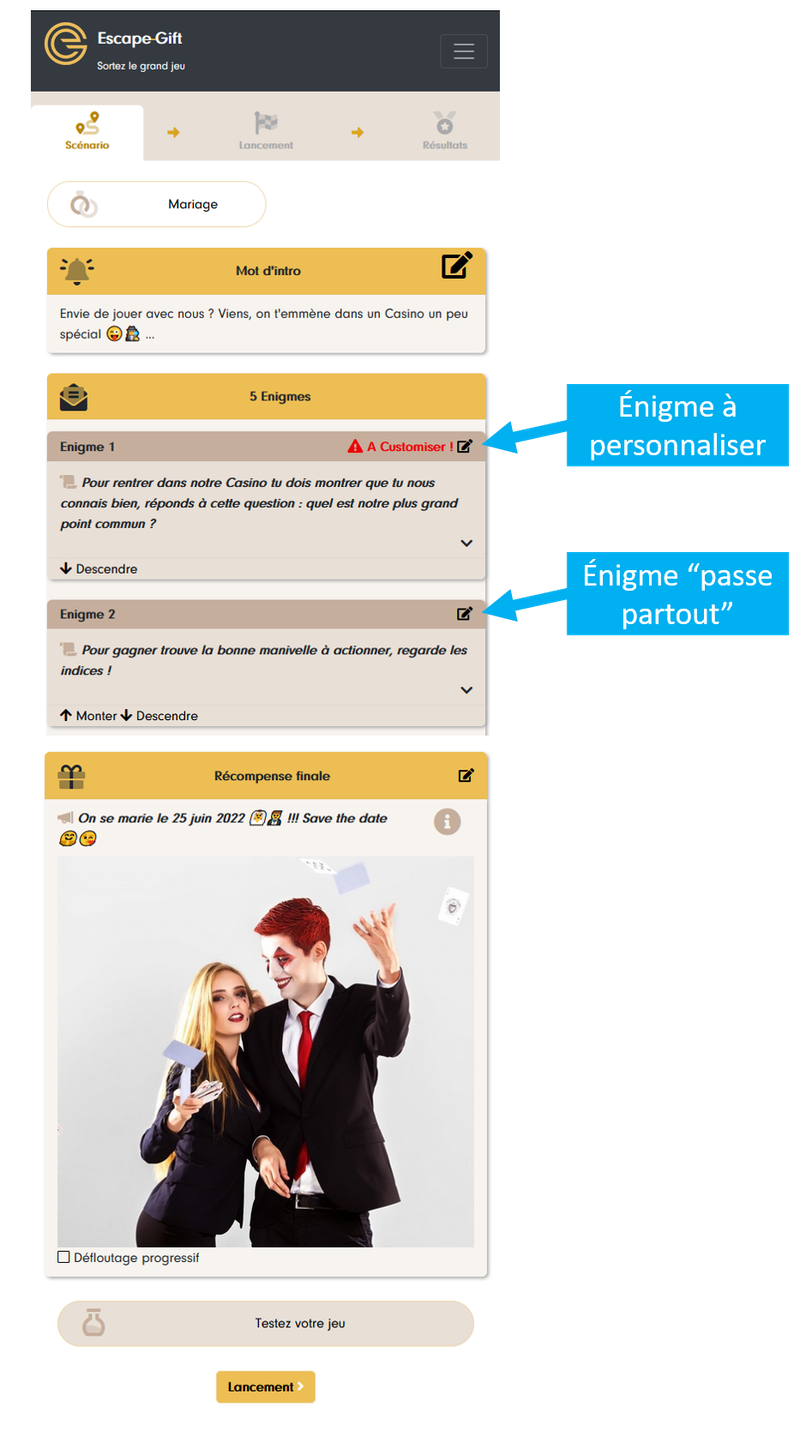 Annotated game template: a riddle to personalize marked “To customize!”, a “one size fits all” riddle and the final reward