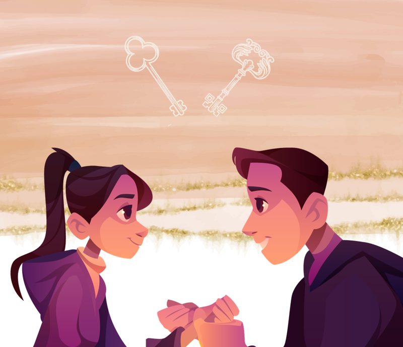 Illustration of a couple facing each other and holding hands, beneath two antique keys