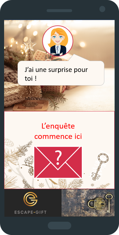 Christmas game screen on a phone: “I have a surprise for you!” and a red envelope “The investigation starts here”
