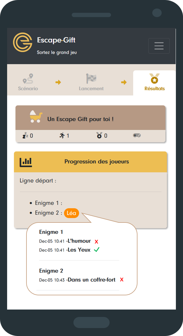Results tab on a phone, with the players’ progress riddle by riddle and Léa’s answers