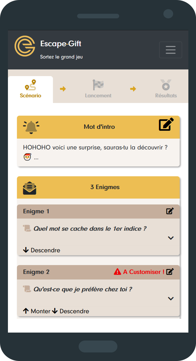 Scenario tab of the creation area on a phone: intro message “HOHOHO here’s a surprise, can you find it?” and three riddles to personalize