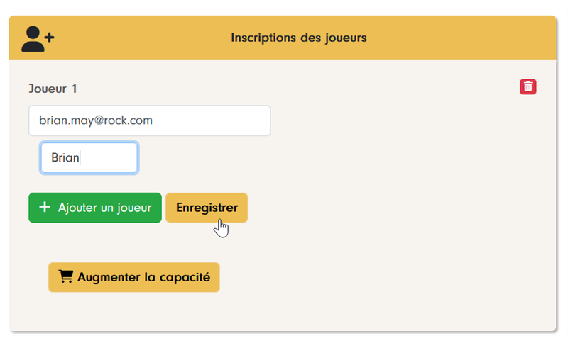 “Player registration” form: the player’s email and first name, “Add a player” and “Save” buttons