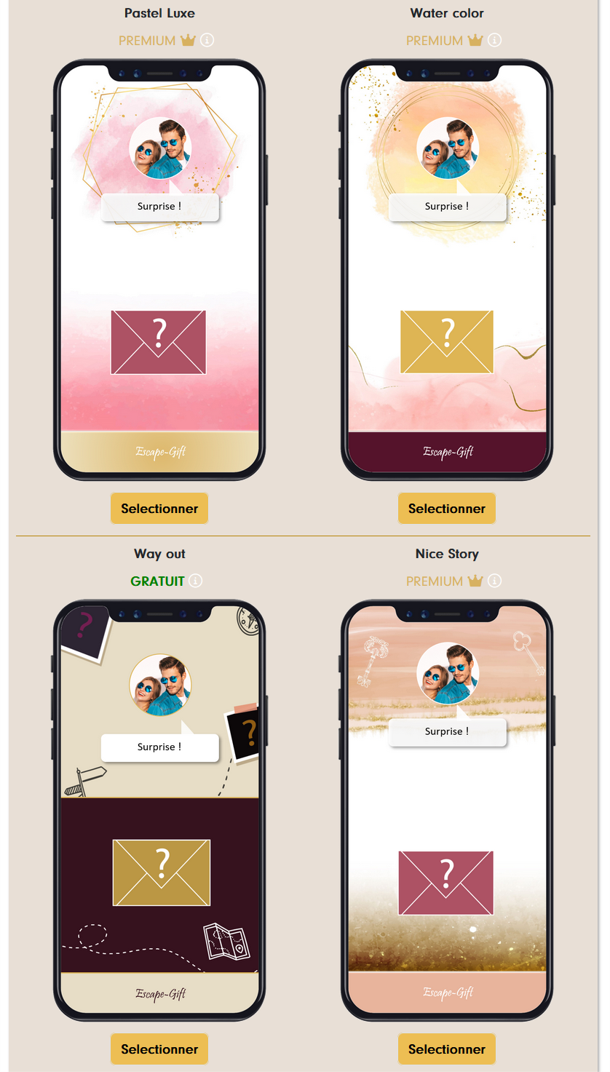Style selection: four phone previews (Pastel Luxe, Water color, Way out, Nice Story), free or Premium, each with a “Select” button