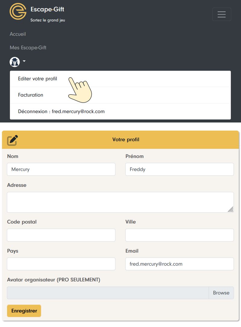 Account menu open on “Edit your profile”, above the “Your profile” form: last name, first name, address, email