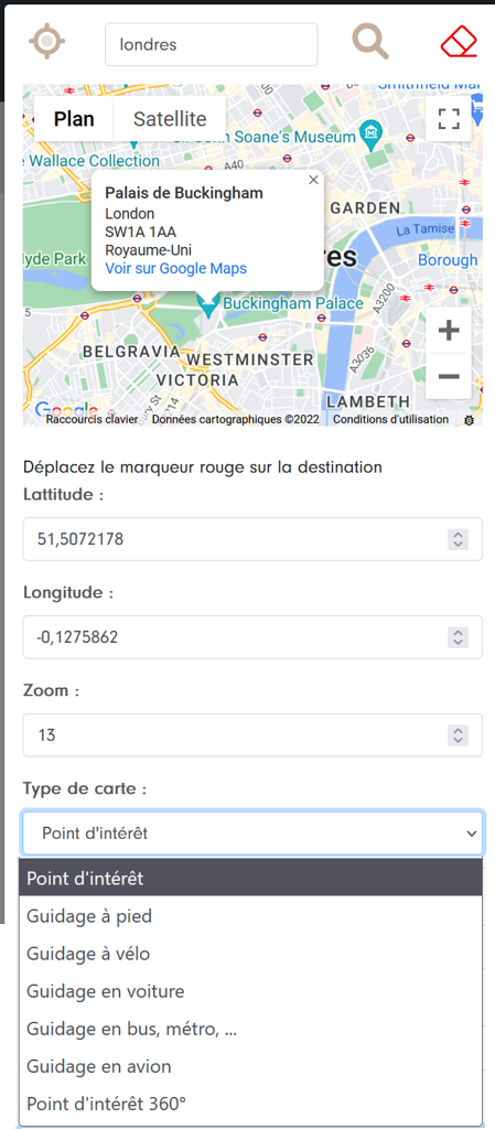 Geolocated clue: map centered on Buckingham Palace, latitude, longitude, zoom and map types (point of interest, walking, cycling or driving directions…)