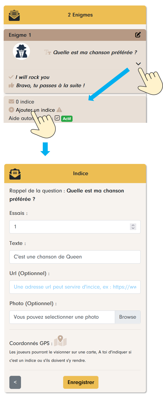 Expanded riddle, then the “Clue” form: number of attempts, text, link, photo and GPS coordinates