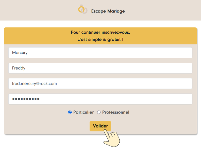 Form “To continue, sign up: it’s easy & free!”: last name, first name, email, password, individual or professional, and a Confirm button