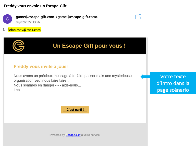 Invitation email “Freddy invites you to play”: your intro text and a “Let’s go!” button