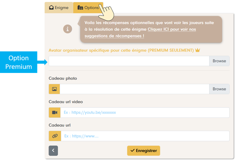 Options tab of a riddle: organizer avatar (Premium option), photo, video or link gift